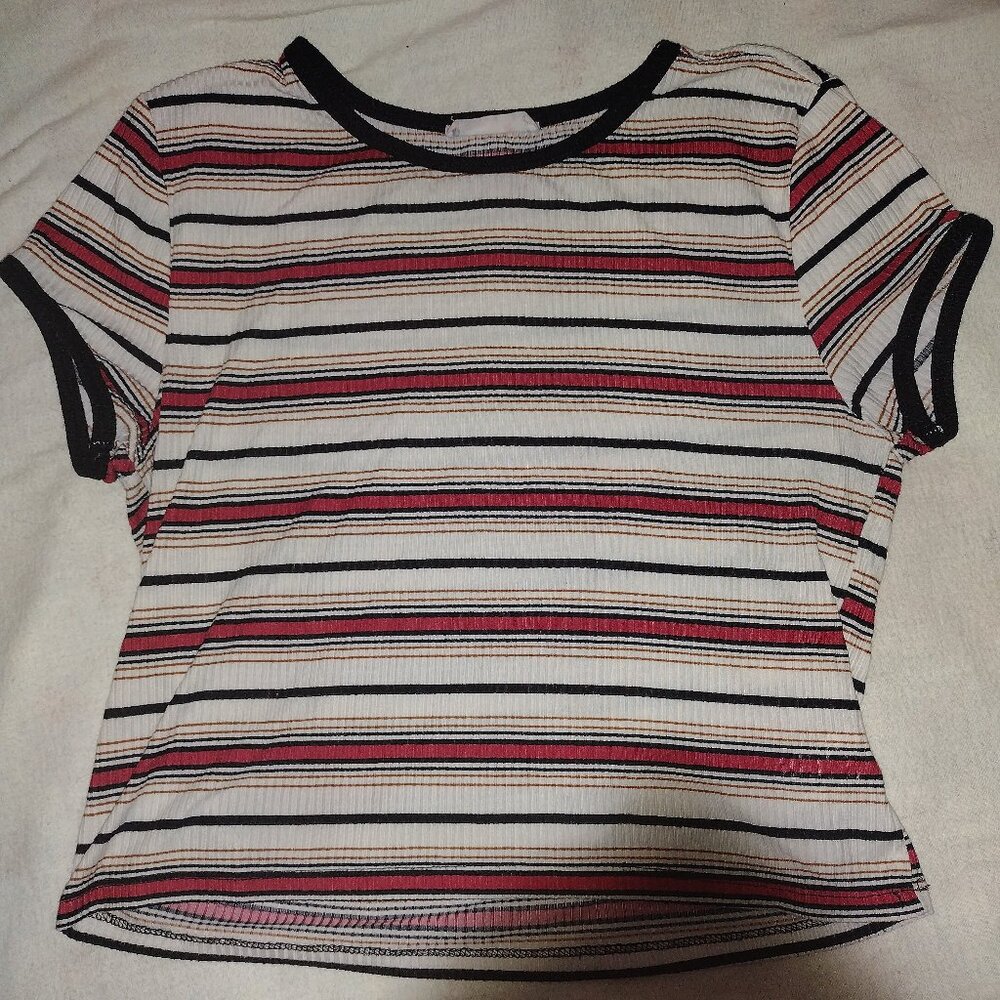 knit works red and white striped crop top